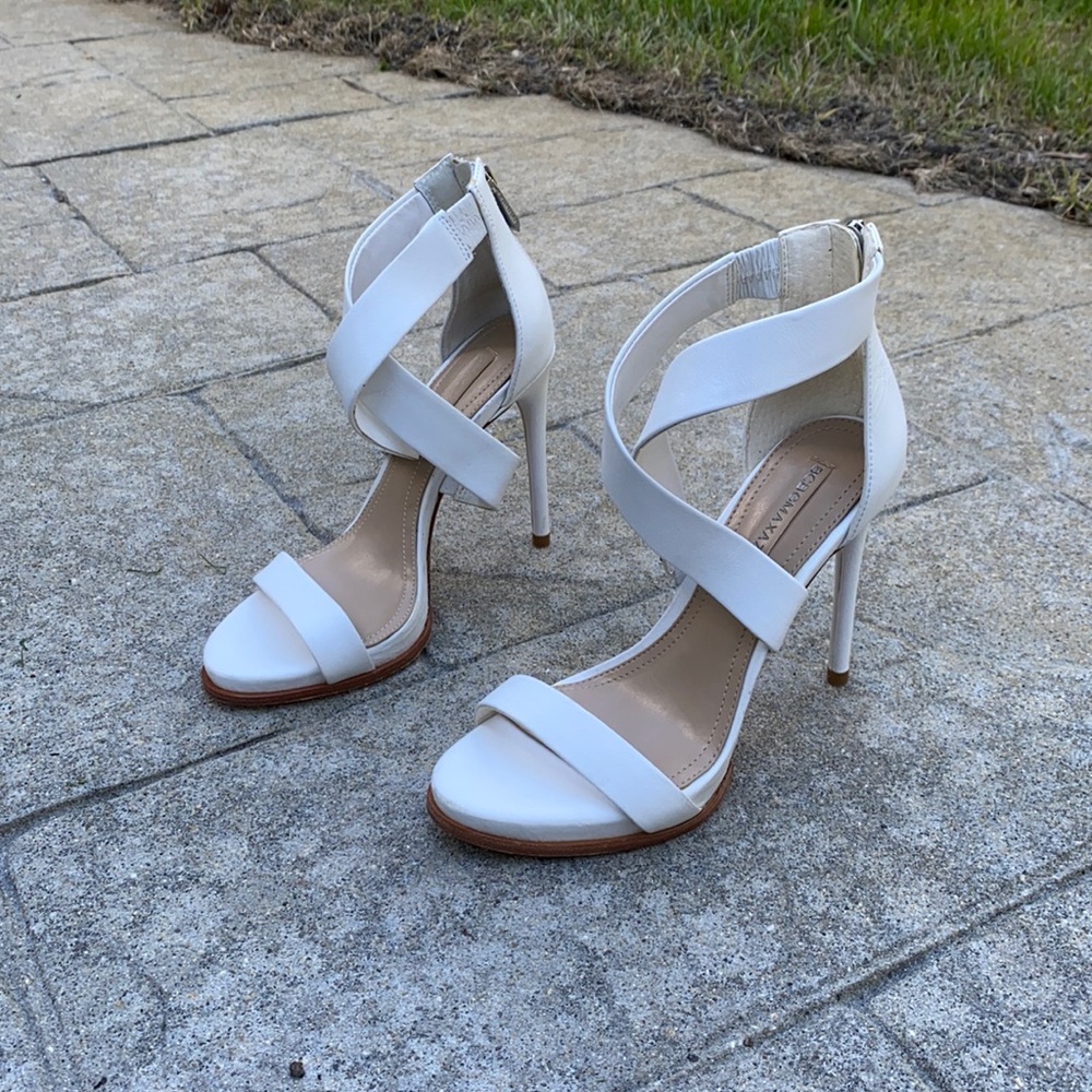 White BCBG cross strap heels
